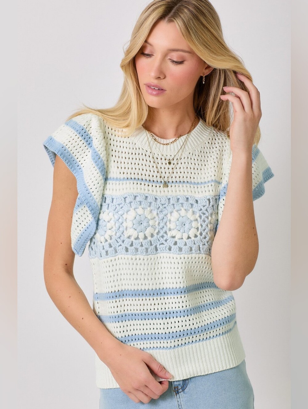 Mystree Open Crochet Flutter Sleeve Sweater Top Granny Square Cottage S